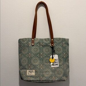R.Riveter Green Patterned Canvas Tote with Brown Leather Straps